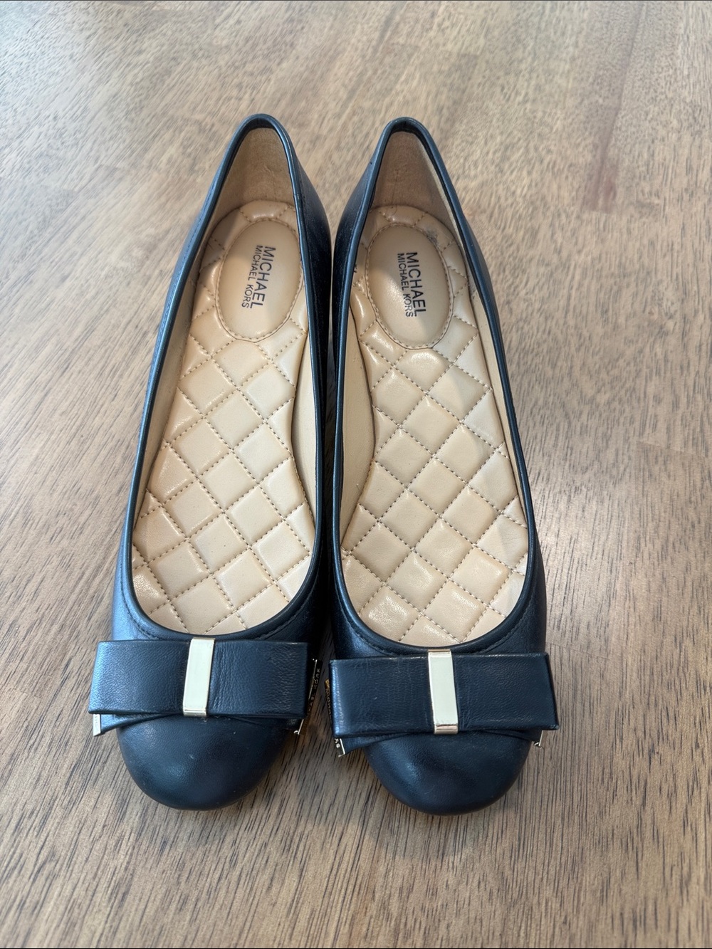 Michael Kors Black Leather Quilted-Insole Bow Low Heel Flats